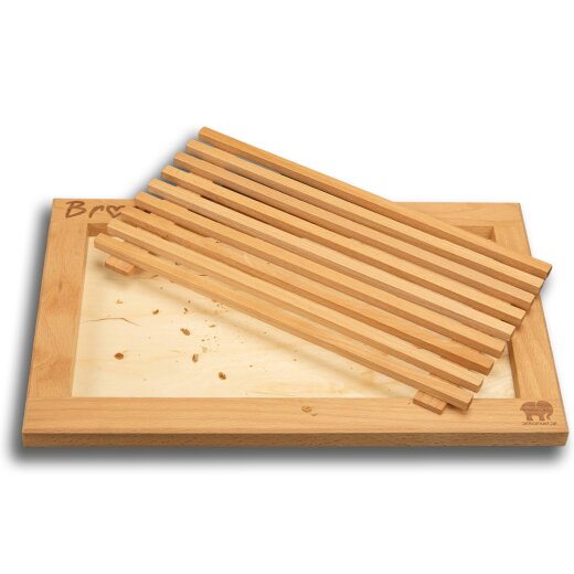 DEKOFANT Brotschneidebrett aus Buche mit Krümelfang/Auffangschale und praktischer Krümelrille 40x25x2 cm