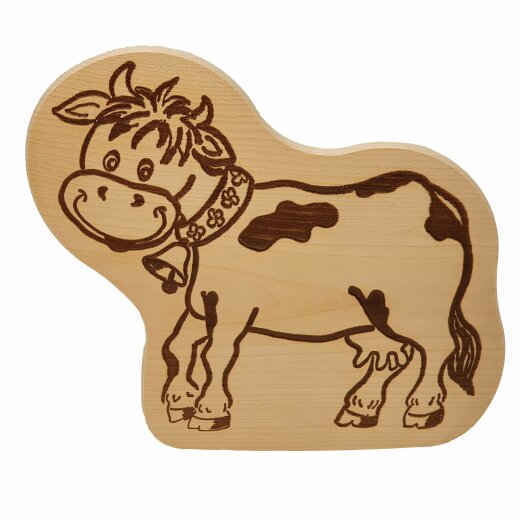 DEKOFANT kleines Kinder MotivBrett Frühstücksbrettchen Kuh mit Glocke ca 20x19x1cm