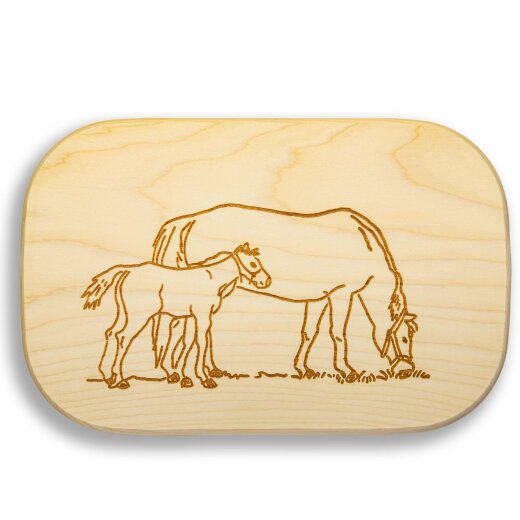 Frühstücksbrettchen Motiv Pferde Familie 25x16x1,5cm eckig Ahorn