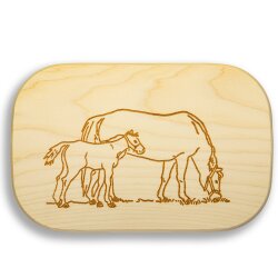 Frühstücksbrettchen Motiv Pferde Familie 25x16x1,5cm eckig Ahorn personalisiert
